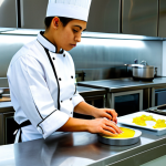 A professional culinary student, wearing a clean, modest business suit, chef's jacket, and a neatly tied apron, fully clothed, appropriate attire. The student is working quickly and efficiently during a cooking practical exam, looking focused and determined under time pressure. Their hands are moving swiftly but precisely while preparing ingredients. The setting is a brightly lit, modern professional kitchen exam environment, with other blurred figures in the background. The workstation shows controlled movement and the presence of a clear kitchen timer. Perfect anatomy, correct proportions, natural pose, well-formed hands, proper finger count, natural body proportions, professional photography, high quality, sharp focus, realistic, safe for work, appropriate content, family-friendly.