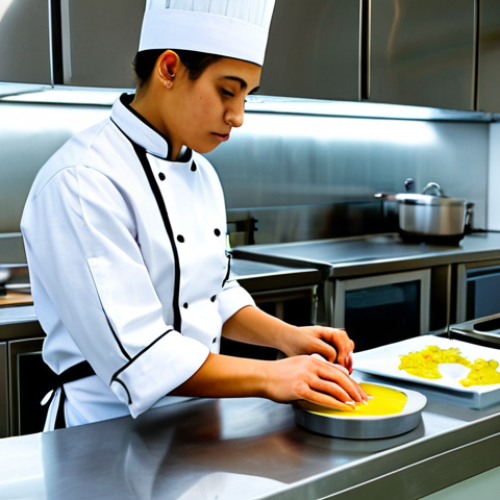 A professional culinary student, wearing a clean, modest business suit, chef's jacket, and a neatly tied apron, fully clothed, appropriate attire. The student is working quickly and efficiently during a cooking practical exam, looking focused and determined under time pressure. Their hands are moving swiftly but precisely while preparing ingredients. The setting is a brightly lit, modern professional kitchen exam environment, with other blurred figures in the background. The workstation shows controlled movement and the presence of a clear kitchen timer. Perfect anatomy, correct proportions, natural pose, well-formed hands, proper finger count, natural body proportions, professional photography, high quality, sharp focus, realistic, safe for work, appropriate content, family-friendly.