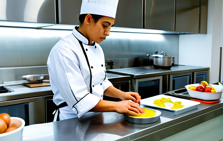 A professional culinary student, wearing a clean, modest business suit, chef's jacket, and a neatly tied apron, fully clothed, appropriate attire. The student is working quickly and efficiently during a cooking practical exam, looking focused and determined under time pressure. Their hands are moving swiftly but precisely while preparing ingredients. The setting is a brightly lit, modern professional kitchen exam environment, with other blurred figures in the background. The workstation shows controlled movement and the presence of a clear kitchen timer. Perfect anatomy, correct proportions, natural pose, well-formed hands, proper finger count, natural body proportions, professional photography, high quality, sharp focus, realistic, safe for work, appropriate content, family-friendly.