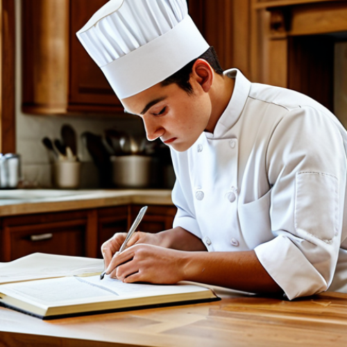 **

A focused culinary student, fully clothed in chef whites, meticulously studying recipe notes at a wooden table in a bright kitchen, surrounded by textbooks and cooking utensils. Emphasis on detail, perfect anatomy, well-formed hands, natural lighting, safe for work, appropriate content, professional, modest, family-friendly.

**