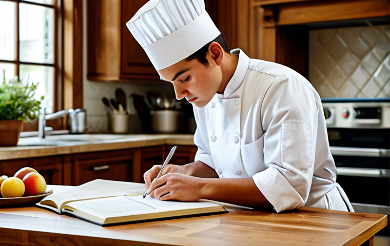 **

A focused culinary student, fully clothed in chef whites, meticulously studying recipe notes at a wooden table in a bright kitchen, surrounded by textbooks and cooking utensils. Emphasis on detail, perfect anatomy, well-formed hands, natural lighting, safe for work, appropriate content, professional, modest, family-friendly.

**